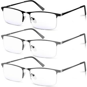 3 Pack Blue Light Blocking Reading Glasses for Men, Stylish Half Frame Metal Computer Readers, Lightweight Spring Hinge Eyeglasses Anti Eyestrain/Glare/UV (2PCS Gray+1PCS Black,+3.0)