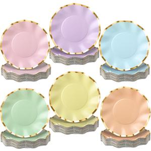 Havawish 72 Pcs Pastel Paper Plates with Scalloped Gold Foil Edge 8 Inch Disposable Dinner Dessert Plates for Birthday Wedding Baby Shower Party Supplies Decorations