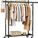 HYSEYY Clothes Rack, Double Rods Rolling Clothing Rack for Hanging Clothes, Portable Garment Rack with Wheels, Coat Rack Wardrobe Closet Load 240 LBS for Bedroom Laundry Room (Black, L)