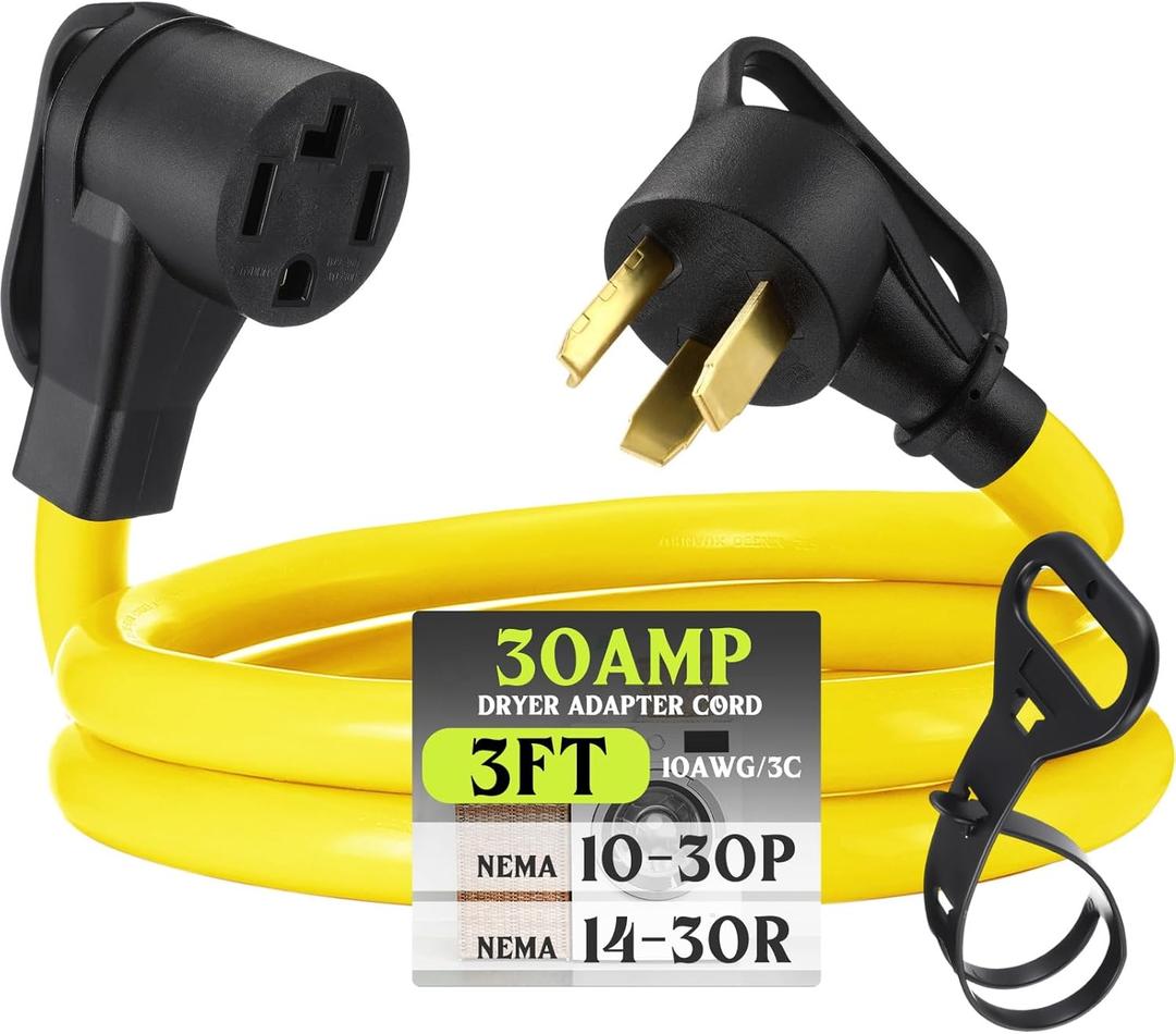 Kanayu 3 ft Dryer Adapter 4 Prong to 3 Prong, Dryer Convert Cord Compatible with Nema 10-30p Plug to 14-30r Receptacle, 3male Plug 4 Female Outlet Receptacle, 10 Awg STW, Etl Listed(Yellow)