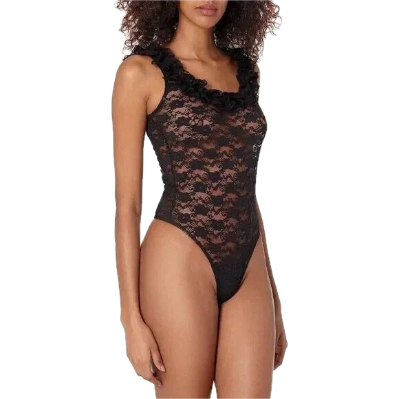 Sheer Black Lace Ruffle Thong Bodysuit, Size Small