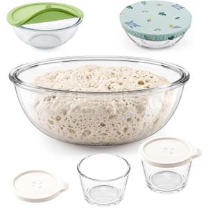 Physkoa 6.3 Qt Glass Sourdough Bowl Kit & 2 Pack 8oz Prep Bowls with Lid, Complete All-in-One Kitchen Prep Set