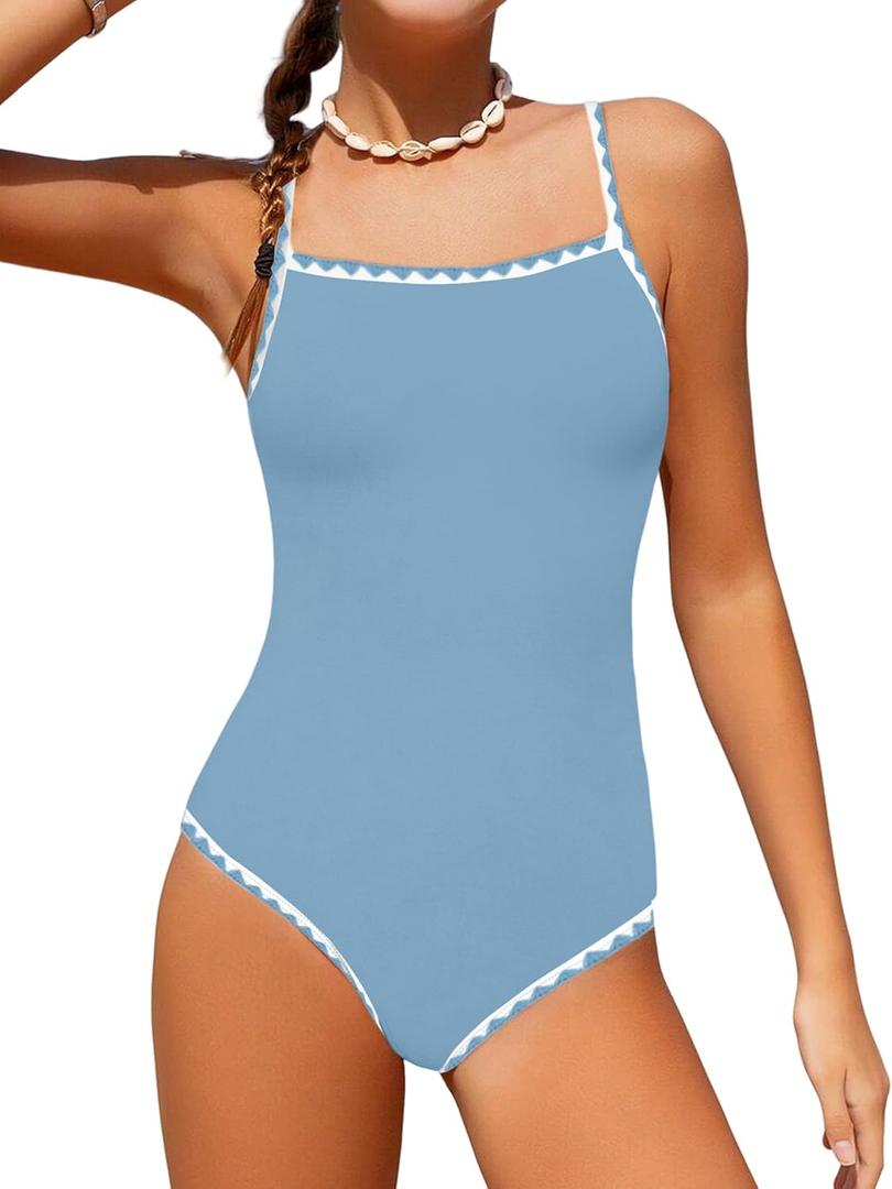 WIQI Girls Swimsuit One Piece Bathing Suit Color Contrast Trim Girls' Swimwear with Cover Up Skirt Size 9-16 (11-12 Years, Grey Blue)