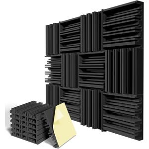12 Pack Self-Adhesive Sound Proof Foam Panels,12 X 12 X 2 inches Acoustic Foam,High Resilience Sound Proofing Padding for Wall,Sound Absorbing Panels Suitable for Home Studios, Offices - Black (2Inch 12pack)