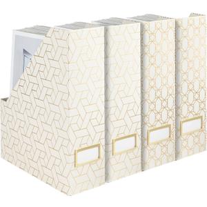 BLU MONACO | Cardboard Magazine File Holder Set of 4 | Vertical Magazine File Holder for Desk and Shelves | Cream Gold Foldable Magazine Holders with Label Slots