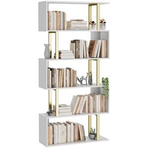 Gadroad 5 Tier Geometric Bookcase,S Shaped Bookshelf, Wood Decorative Storage Shelving, Modern Freestanding Display Shelves, Tall Book Shelf Unit for Living Room Bedroom, Gold