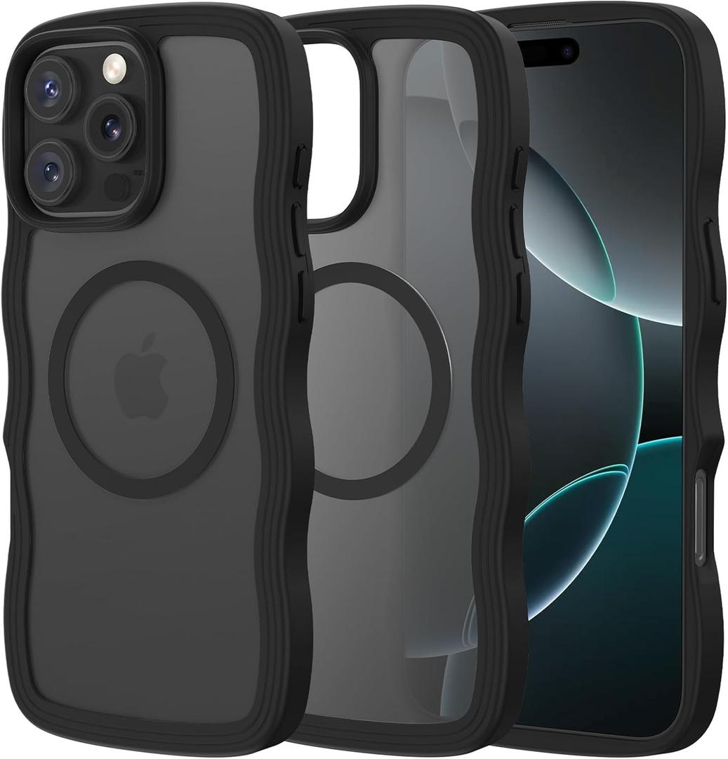 Maxdara for iPhone 16 Pro Max Case [Compatible with Magsafe], Wavy Frame Translucent [TPU Bumper Drop Protection] Magnetic Cute Cases for iPhone 16 Pro Max (Black)