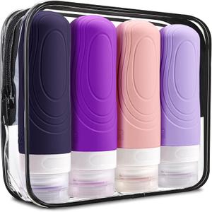 GLAMFIELDS Travel Bottles for Toiletries TSA Approved, 3oz Size Leak Proof Silicone Travel Containers for Shampoo, Lotion, Easy to Squeeze Portable, Essentials for Traveling (4 Pack) Purple