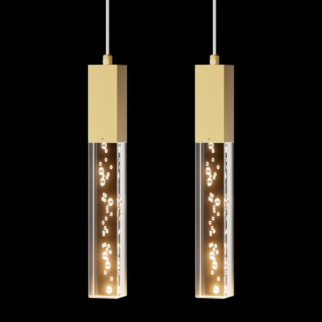Brass Pendant Lights Kitchen Light Fixture Dimmable Integrated LED Modern Pendant for Kitchen Island Mini Crystal Pendant Light for Bathroom Bedroom 3000K Warm Light(2-Pack)