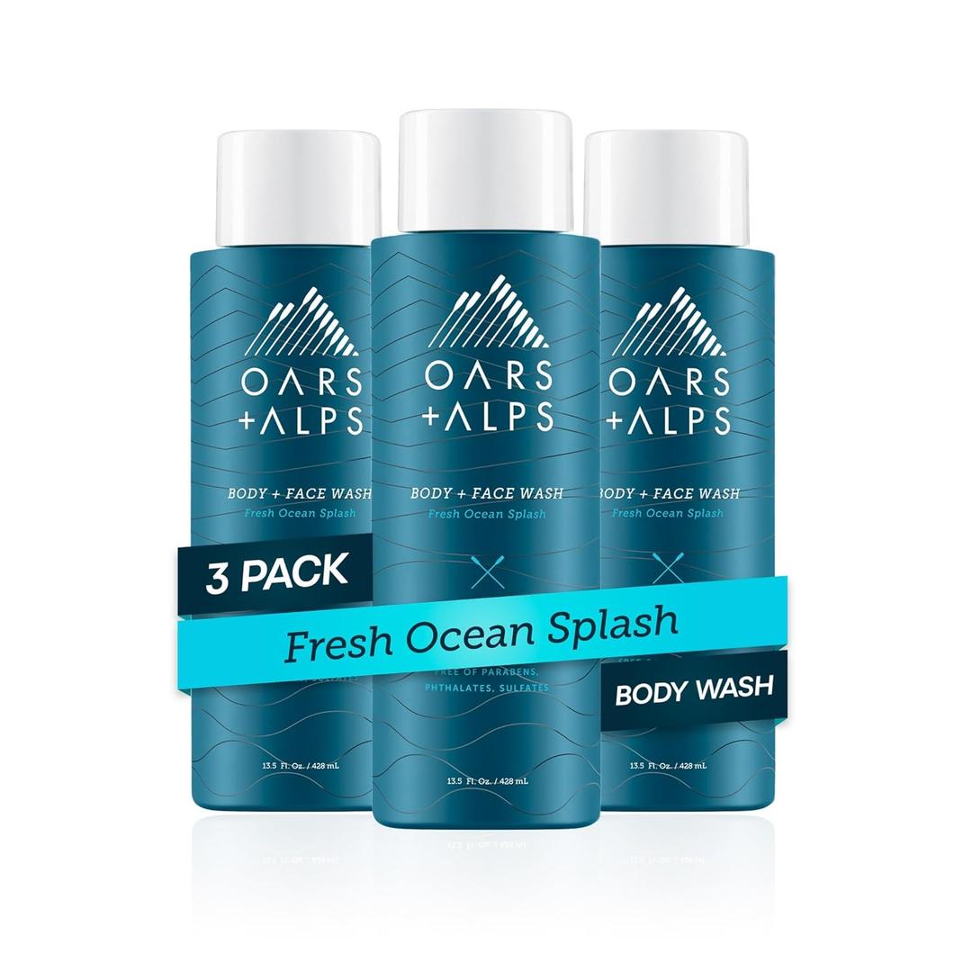 Oars + Alps Men's Moisturizing Face & Body Wash, Body Wash with Vitamin E and Antioxidants, Sulfate Free, Fresh Ocean Splash, 3pk (13.5 Fl Oz (3 Pack))