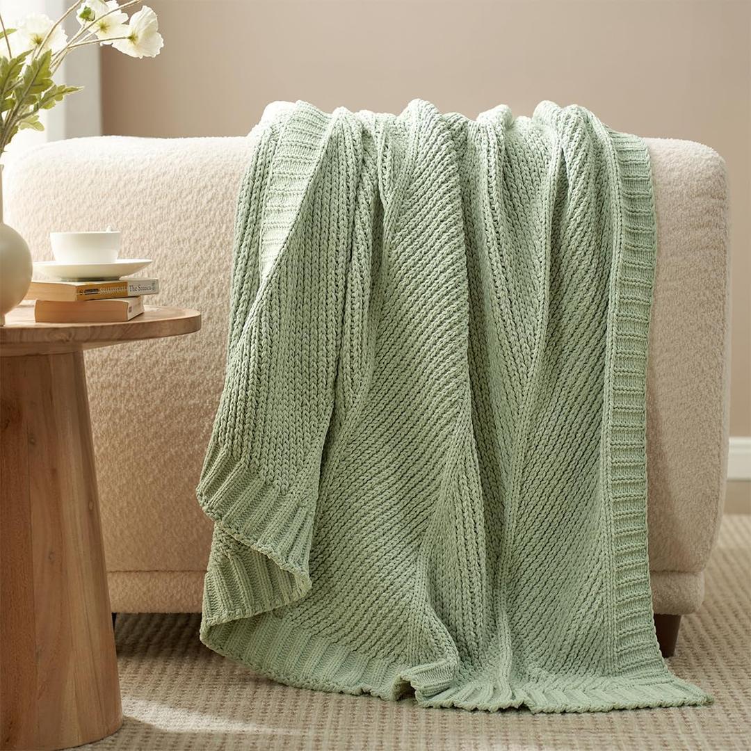 Amlie Home Chenille Knit Throw Blanket for Couch, Chevron Texture Decorative Soft Blanket for Sofa, Bed & Chair, 50"x60", Sage Green