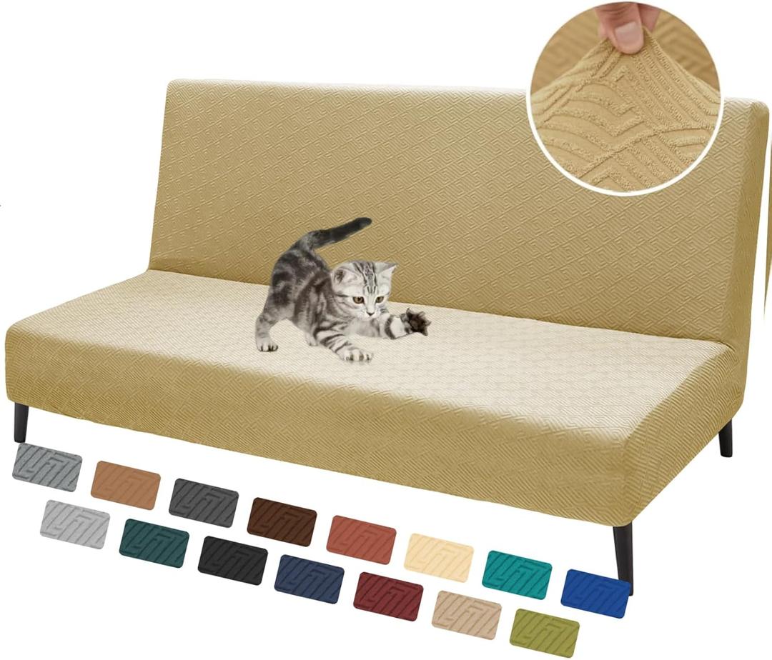 XINEAGE 2026 New Futon Cover Full Size Stretch Armless Sofa Bed Cover Anti-Slip Furniture Protector Without Armrests Futon Slipcover with Elastic Bottom (67"-82", Beige)