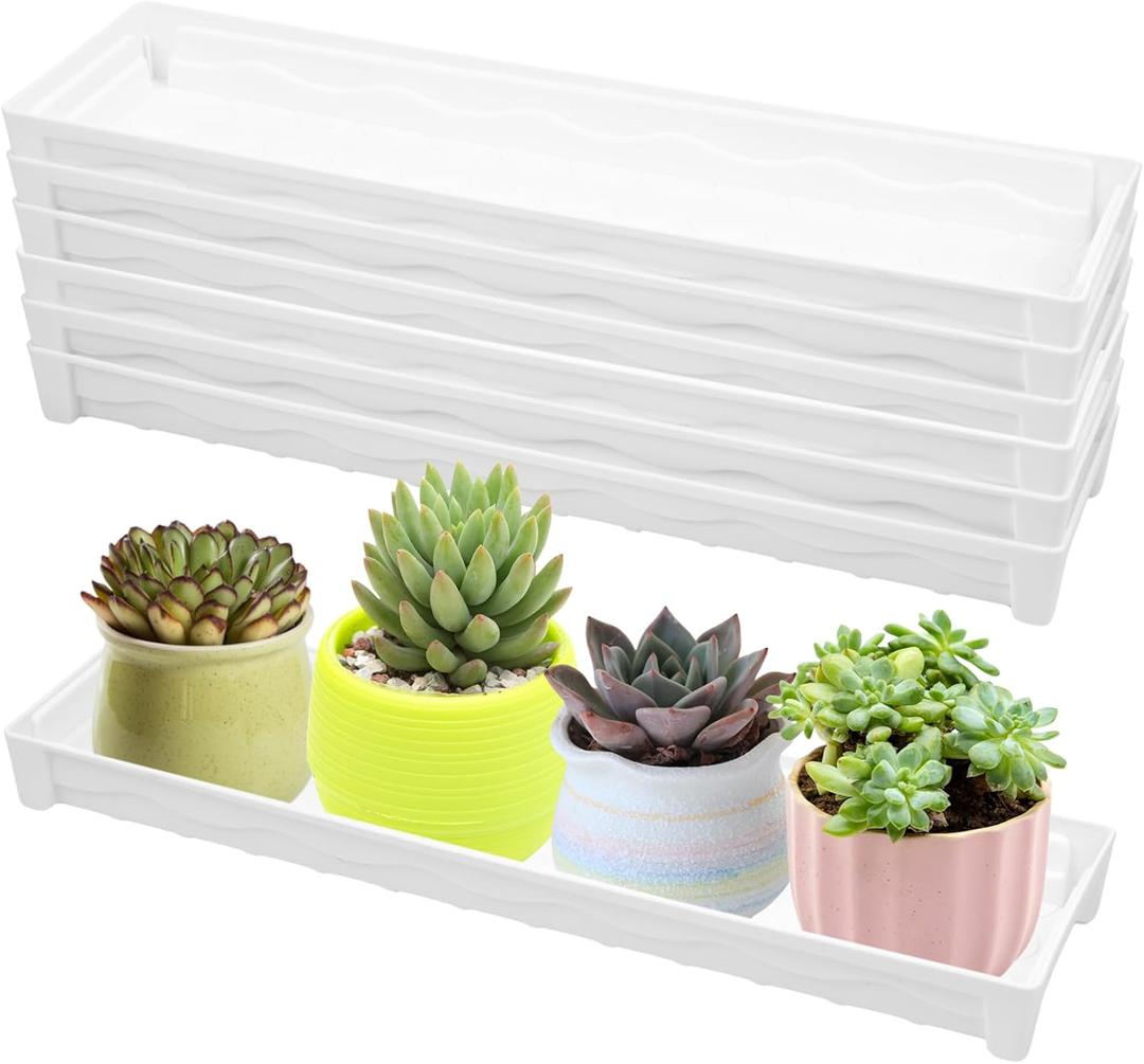 6 PCS Plastic Plant Tray Saucer, Rectangular Window Sill Plant Tray for Indoors Outdoor Flower Pots for Window Shelf, Clear Thick Plastic Plant Trays for Succulent Pot Planter, Square Plant Saucers (White)