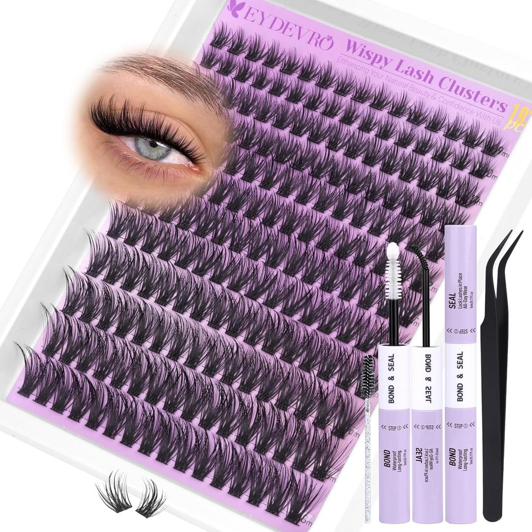 EYDEVRO Wispy Lash Clusters Kit Natura Eyelash Clusters Kit 9-18mm Cluster Eyelash Extensions CD Curvature 192 Pcs Manga Lash Extension Kit Individual Eyelash Extension Kit Lash Bond and Seal Tweezers