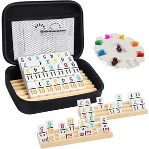 Mexican Train Dominoes Set with Numbers and 4 Wooden Trays/Racks, Double 12 Dominos Travel Set with 4 Tiles Holders, 91 Tiles Double 12 Colored Dominoes Game Set with Portable Case for Families Kids, D12 Numbers 4 Players