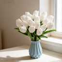28 Pcs PU Faux Silk Artificial Tulipanes 13.5 Inches - Simulation Flowers for Spring Easter Celebration Mothers Day Brunch Table DecorWhite