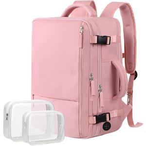 Hanples Carry on Travel Backpack for Women, Large 35L Personal Item Luggage Backpack,17 inch Laptop Backpack TSA Flight Approved, Travel Essentials Casual Daypack with 2 Toiletry Bags (Pink)