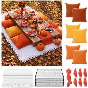 Irenare Fall Friendsgiving Picnic Set Thanksgiving Extra Large Outdoor Picnic Blanket with Waterproof Mat Autumn 6 Throw Pillow Covers 6 Napkins Woven Cotton Yarn 2 Table Runner 1 Table Cloth
