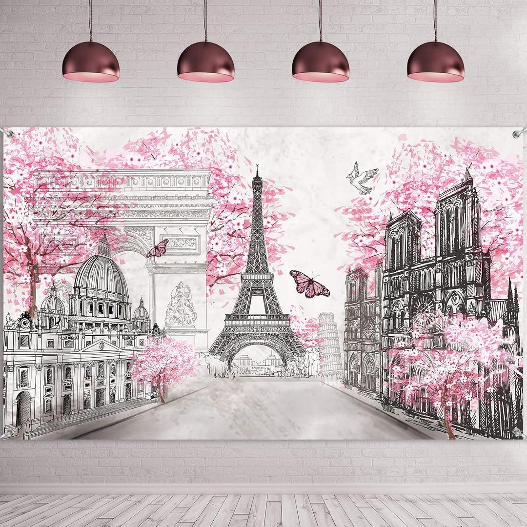 Paris Tapestry Wall Backdrop Eiffel Tower Photo Banner Background European City Landscape Pink Wall Hanging Decor for Living Room Girl Bedroom Paris Themed Party Decoration, 72.8 x 43.3 Inch