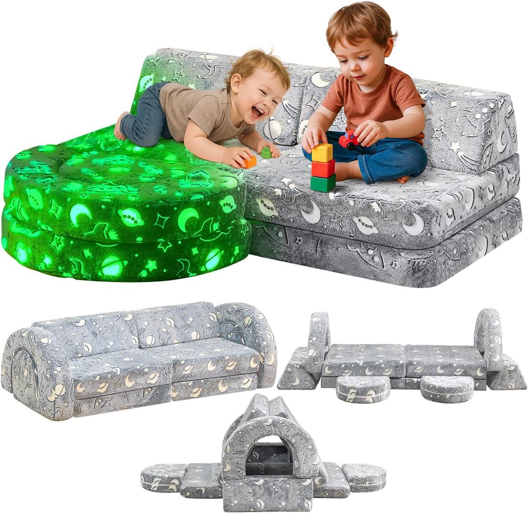 10Pcs Modular Kids Play Couch Glow, Convertible Play Fort Kids Couch, Instant Rebound 28D Foam Toddler Couchs, Kid Sofa for Playroom, Bedroom Furniture, Gray and Space