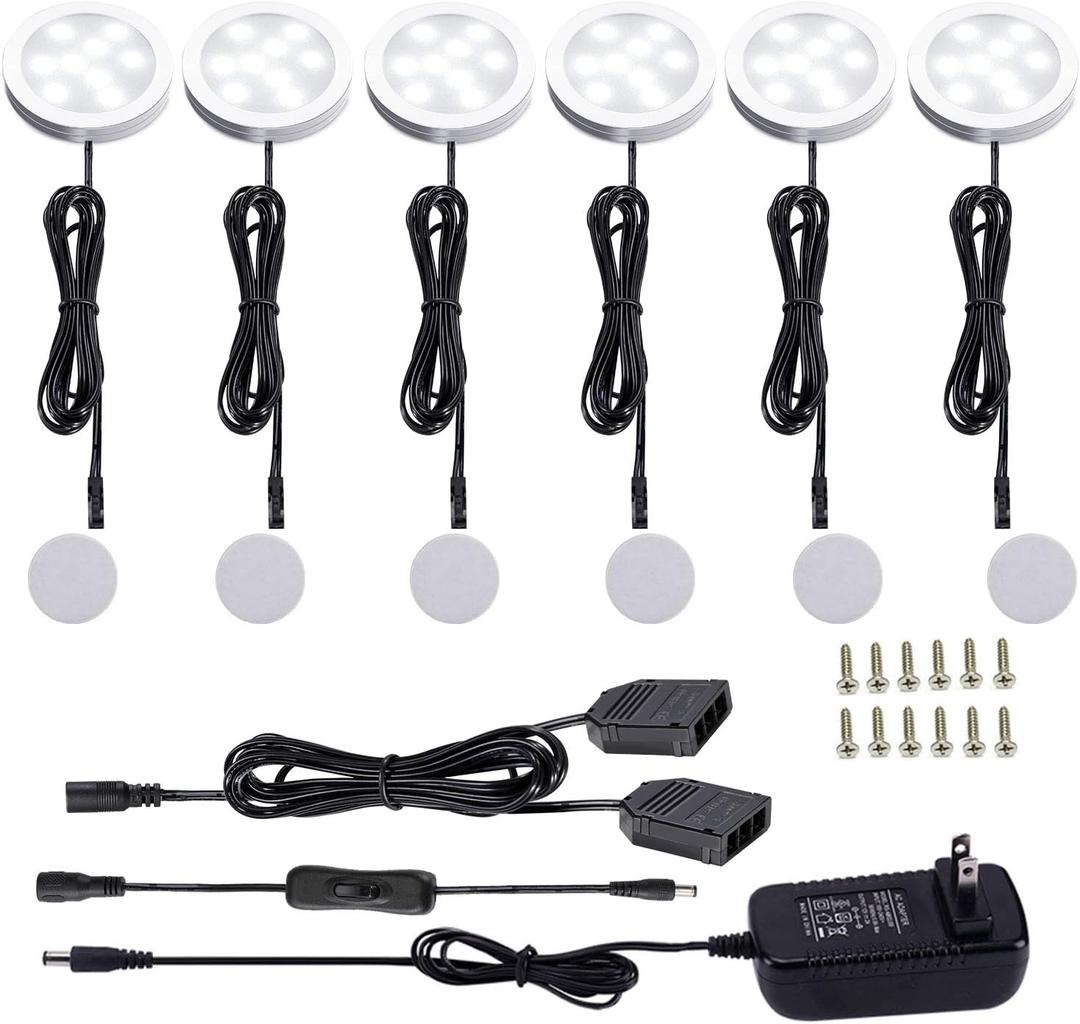 AIBOO 12V LED Under Cabinet Lights Kit 6 Pack Black Cord Aluminum Puck Lamps for Kitchen Counter Closet Lighting with Manual on/Off Switch 12W 6 Lights (6000K Daylight White)
