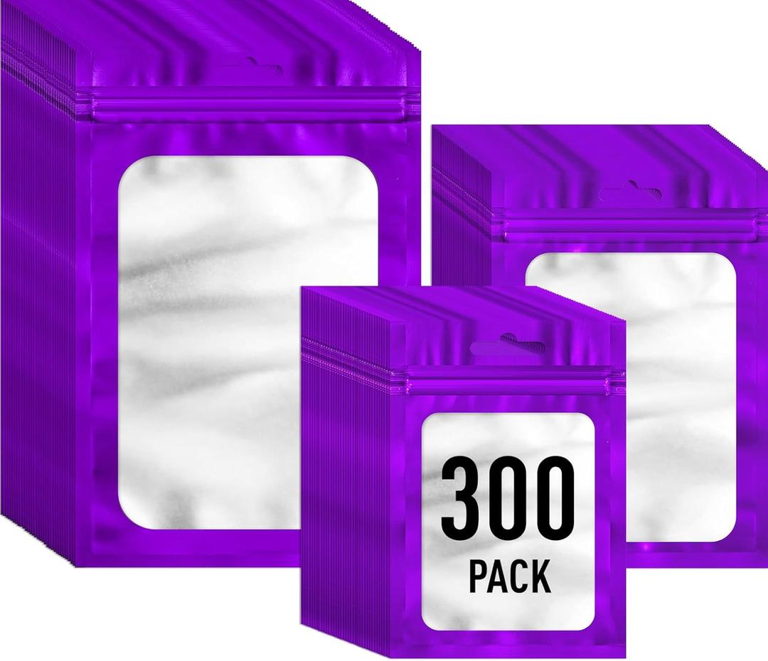 300 Pack 3 Size Mylar Packaging Bags with Front Window, Zipper Resealable Bag Smell Proof Foil Bags for Jewelry, Sample, Food Storage(Purple,3x4.7,4x6,4.7x7.9in)