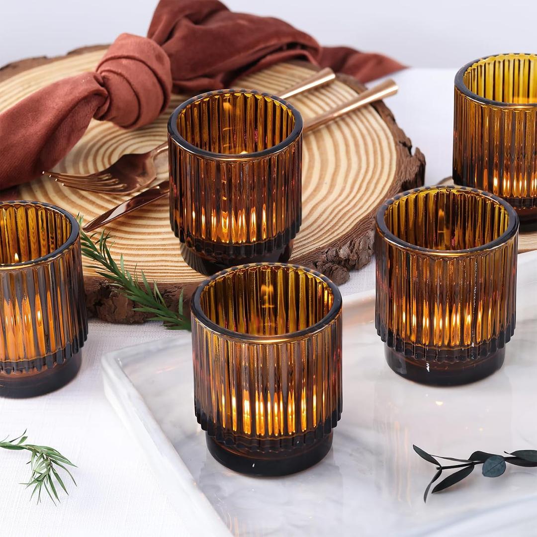 DEVI 8pcs Ribbed Amber Votive Candle Holder for Boho Wedding Decor, Amber Glass Candle Holder for Tea Lights, Vintage Boho Party Home able Decorations, Boho Fall Centerpiece Table Decorations,