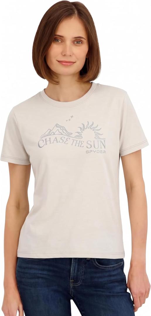 Spyder Women's Metallic Sun Graphic Short Sleeve Tee T-Shirt (Beige, M)