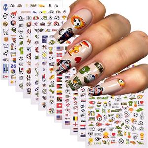 4 x Football World Cup Nail Stickers Colorful Soccer Sports Nail Decals Embossed Waterproof Nail Designs Competition Nails Supplies Self-Adhesive Nails Stickers Decals for Women DIY Manicure 12Sheets, Small