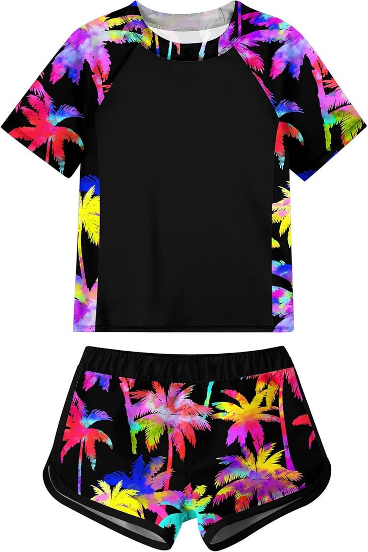 ADUKIDE Girls Rash Guard Swimsuit 2-Piece Bathing Suit UPF 50+ Summer Beach Swimwear Size 7-16T (Black)