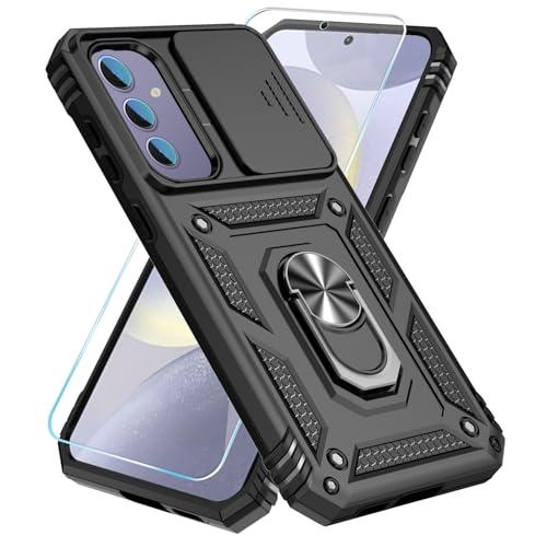 SunStory Compatible with Samsung Galaxy S24 FE 5G Case with HD Screen Protector & Slide Camera Cover & Rotated Ring Kickstand, [Military-Grade] Phone Case for Galaxy S24 FE (Black)