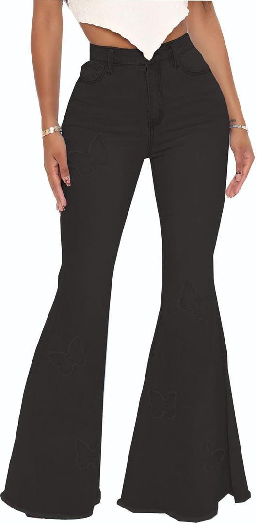 Butterfly Bell Bottom Jeans for Women High Waisted Black Flare Jeans Classic Denim Pants(Black,Small)
