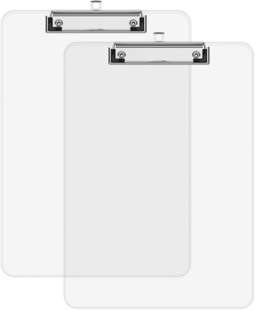 A4 Plastic Clipboard 2 Pack, 8.5 x 11 Clear Colored Clip Boards with Low Profile Clip, Letter Size for Classroom, Teacher, Students, School & Office Supplies