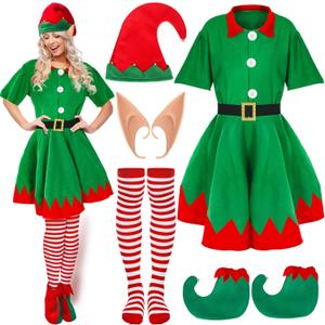 6 Pcs Women Christmas Elf Costume Set Costume Dress Xmas Festive Outfit with Elf Ears Hat Shoes Belt Striped Socks (Small)