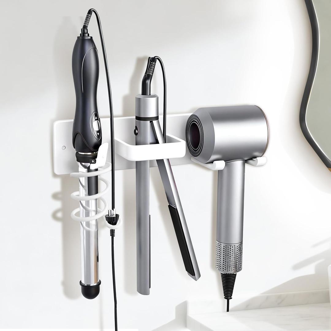 Blow Dryer Holder Wall Mount, 3 in 1 Bathroom Hair Tool Organizer with Curling Iron Holder & Flat Iron Holder, Universal Hair Dryer Holder Rack Storage White