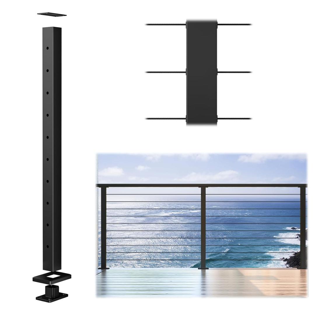 Muzata Aluminum Black Cable Railing Post 36 Inch 36"X2"x2" Level Drilled Surface Mount Cable Railing System Kit Indoor Outdoor Seaside with Paper User Guide PD02 BHAS