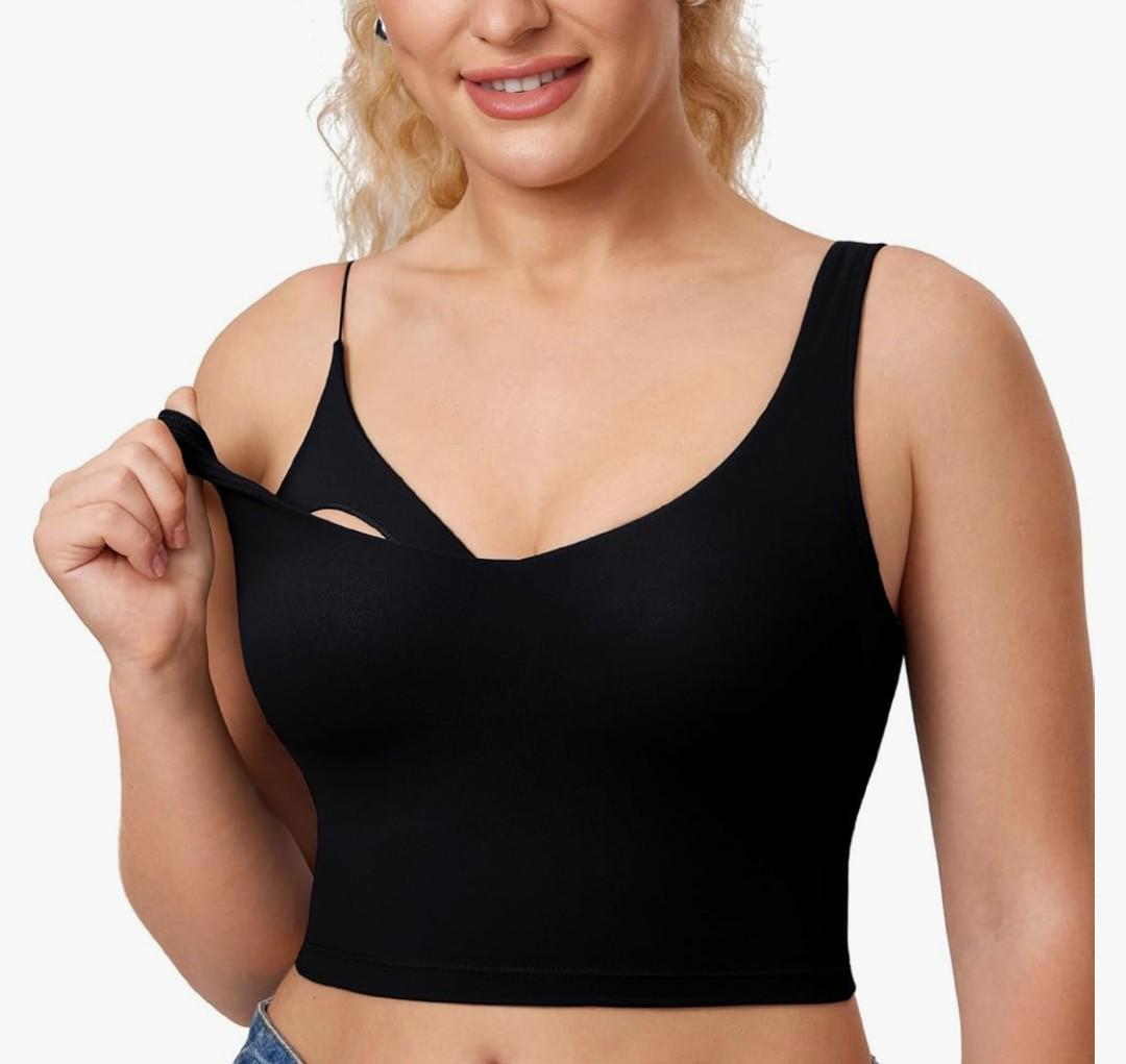 MOMANDA Women's Nursing Bras Longline Sports Breastfeeding V Neck Sleeveless Crop Tank Top with Built in Bra Medium