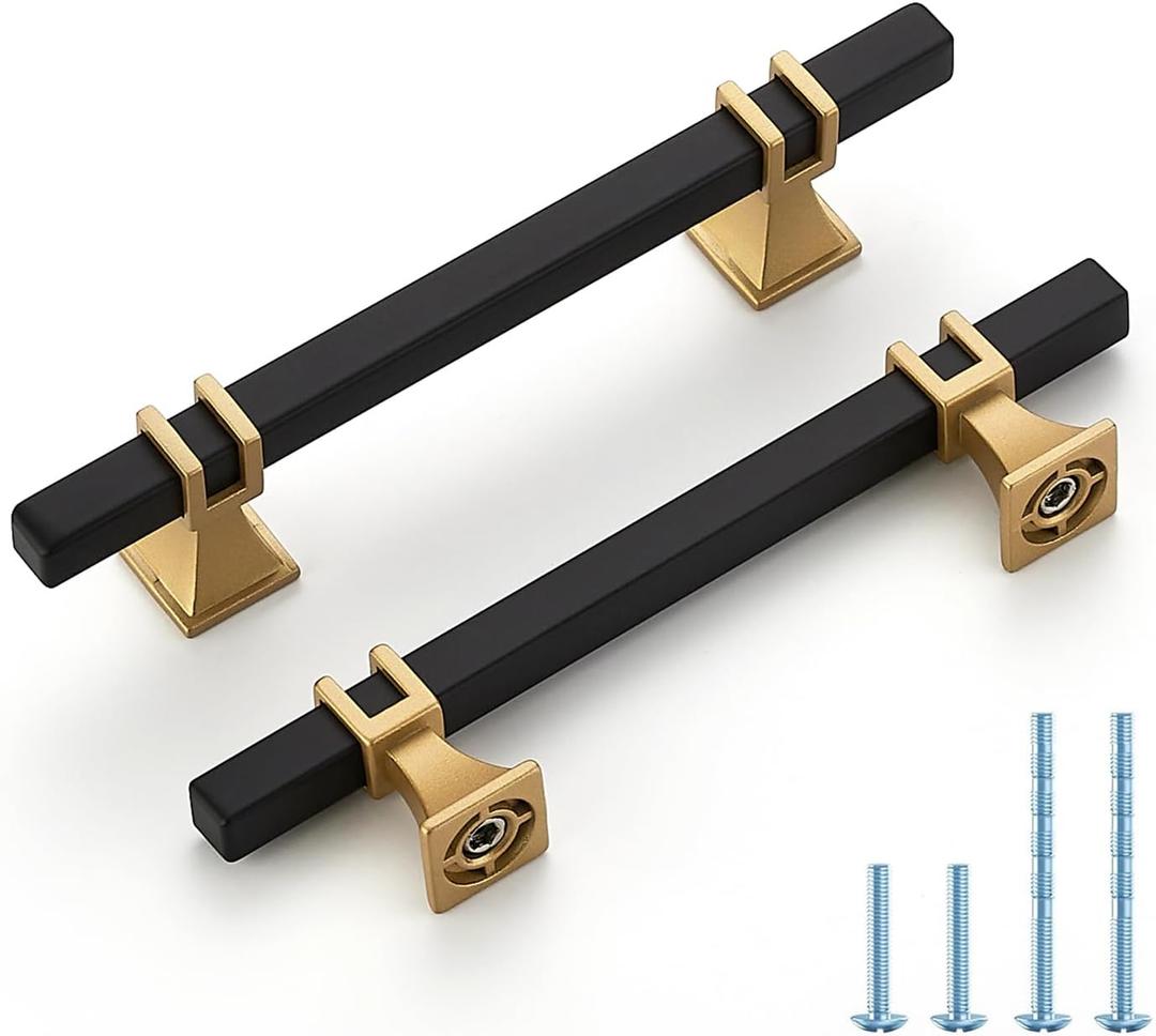 HOME EDIT 5 Pack 4 inch Black & Gold Cabinet Handles Square Zinc-Alloy Pulls for Kitchen Dresser Closet and Bathroom Cabinets Hardware