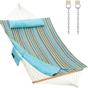 CHULIM Outdoor Double Hammock with Hardwood Spreader Bars, Large Rope Hammock with Polyester Pad and Pillow, 475 LBS Capacity for 2 Person Patio Backyard Poolside - Bule Stripe