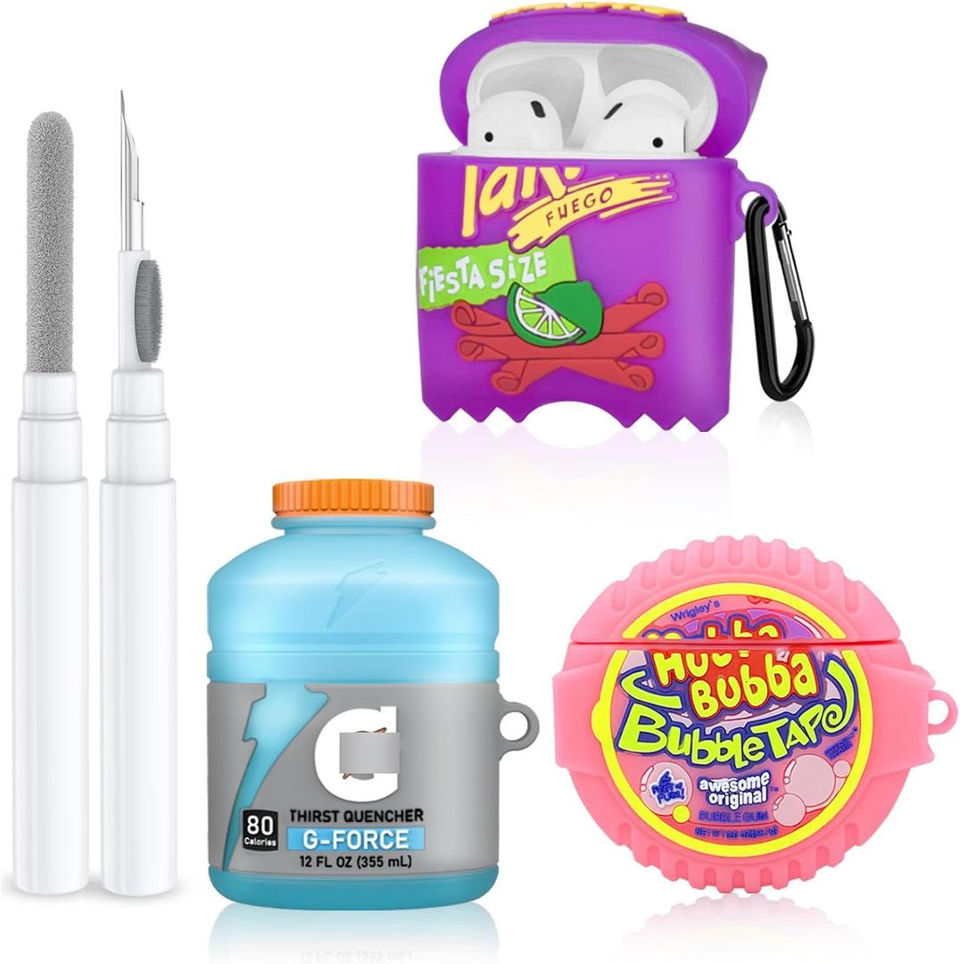 Cute Cases for Airpod 2/1 with Cleaner kit,3D Kawaii Silicone Airpod Case Cartoon Food Funny Protective Cover Accessories for Airpod 1&2 Gen Charging Case for Girls Boys[3Pack]
