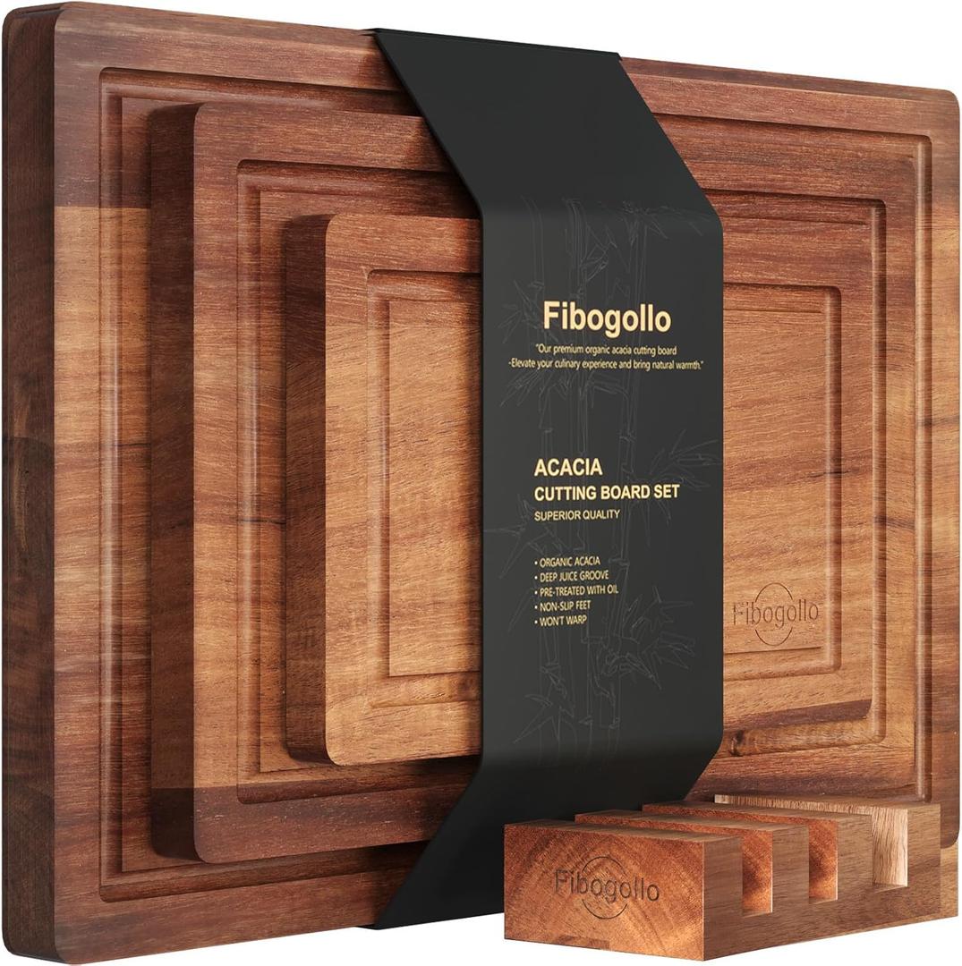 Acacia Wood Cutting Boards for Kitchen(Set of 3),Wooden Chopping Boards Set with Juice Groove,Serving Board with Holder,Butcher Block for Meat,Vegetables,Fruit (Brown)