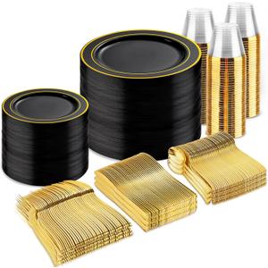 bUCLA 600PCS Black and Gold Disposable Dinnerware Set - Black Plastic Plates Disposable for Party Include 100 Dinner&100 Dessert Plates,100 Knives,100 Forks,100 Spoons,100 Cups