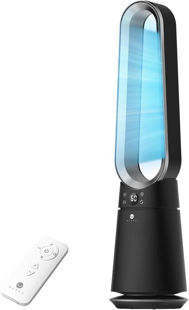 ULTTY Bladeless Fan for Bedroom, 20 Speeds & 3 Modes, Standing Fan with Remote, 8H Timer, 38" Quiet Tower Fan, 120 Oscillation, Powerful 25ft/s Airflow Cooling Fan for Home Office, CR062 Black