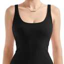 SUUKSESS Women Padded Cotton Ribbed Long Tank Tops 2025 Summer Going Out Basic Scoop Neck Cami Tops (Small, Black)