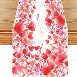 Valentines Day Table Runner, Watercolor Hearts Floral Border Linen Table Decoration, Romantic Farmhouse Holiday Decor for Dining Kitchen Buffet Party Wedding (72" x 13")