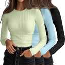 Ficerd 3 Pack Women's Ribbed Long Sleeve Tops, Crew Neck Slim Fit Undershirts Knit Basic Casual Stretch Layering Tee Shirts, Size Small (Black, Light Blue, Tender Green)