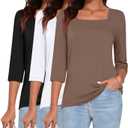 Ficerd 3 Pack 3/4 Sleeve Tops for Women Square Neck Shirts Loose Fit Casual Ladies Blouses Tops Fall Basic Tees(Large, Black, White, Coffee)