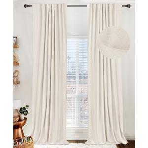 100% Blackout Shield Linen Blackout Curtains for Bedroom 96 Inches Long, Back Tab/Rod Pocket Living Room Drapes, Thermal Insulated Blackout Curtains 2 Panels Set, 50" W x 96" L, Beige White
