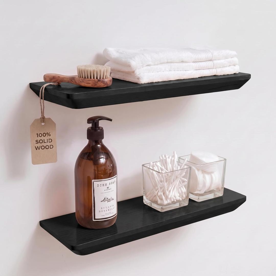 Floating Shelves for Wall -Solid Pine Wood Wall Shelf - Bathroom Shelves -Wall Shelves for Bedroom Living Room - Floating Shelf for Wall Mounted Shelves (Black, 16 Inch)