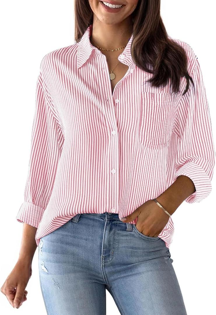 Striped Button Down Shirts for Women Cotton Dress Shirts Long Sleeve Collared Blouses Work Business Casual Tops (Pink, M)